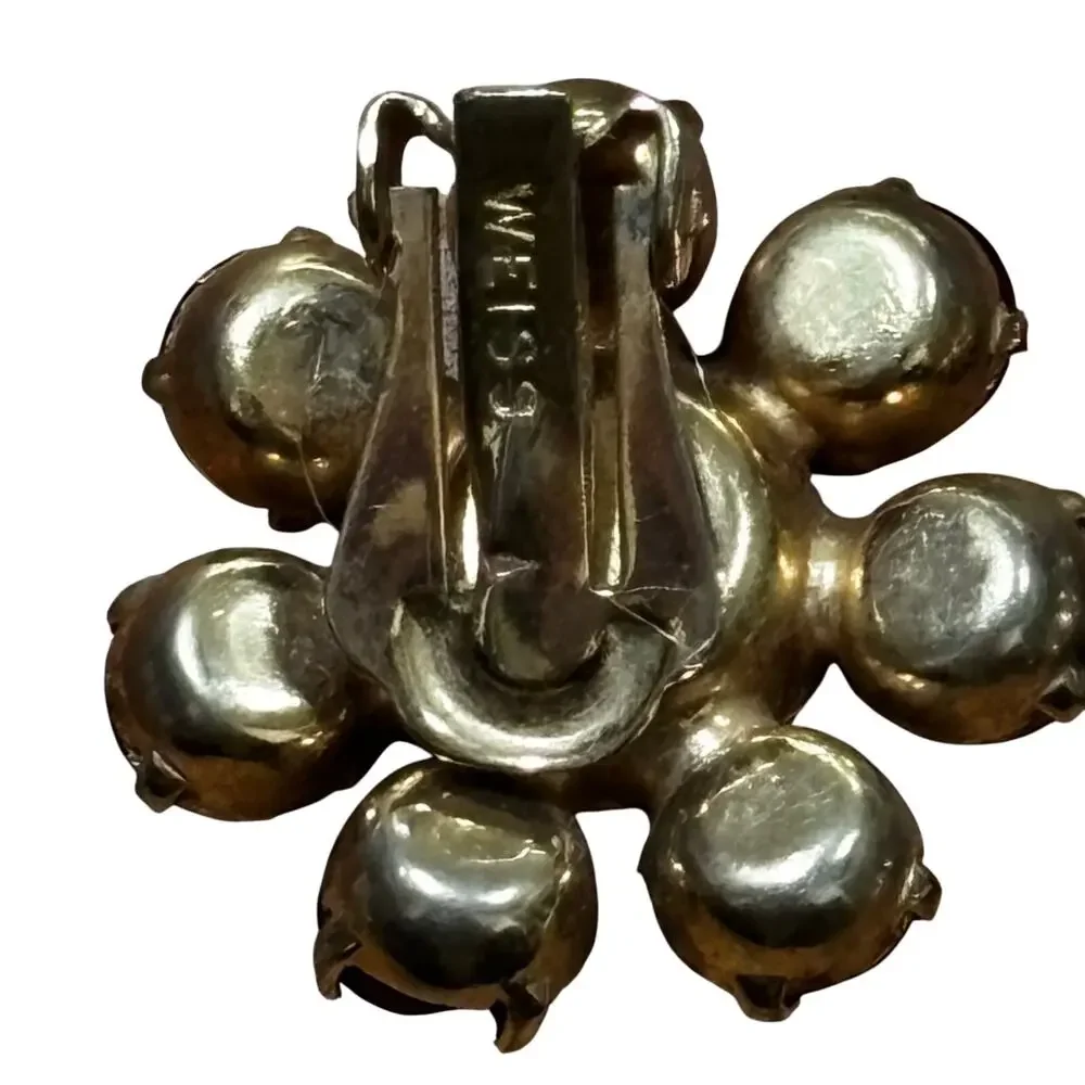 Vintage Weiss jewelry set red prong set rhinestones gold brooch & clip earrings - Picture 6 of 10